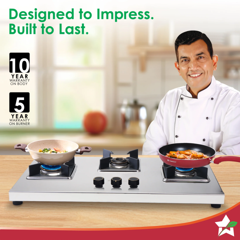 Wonderchef Inox 3 Brass Burner Manual Hobtop, 2mm Stainless Steel, LPG, Spill-Proof Design