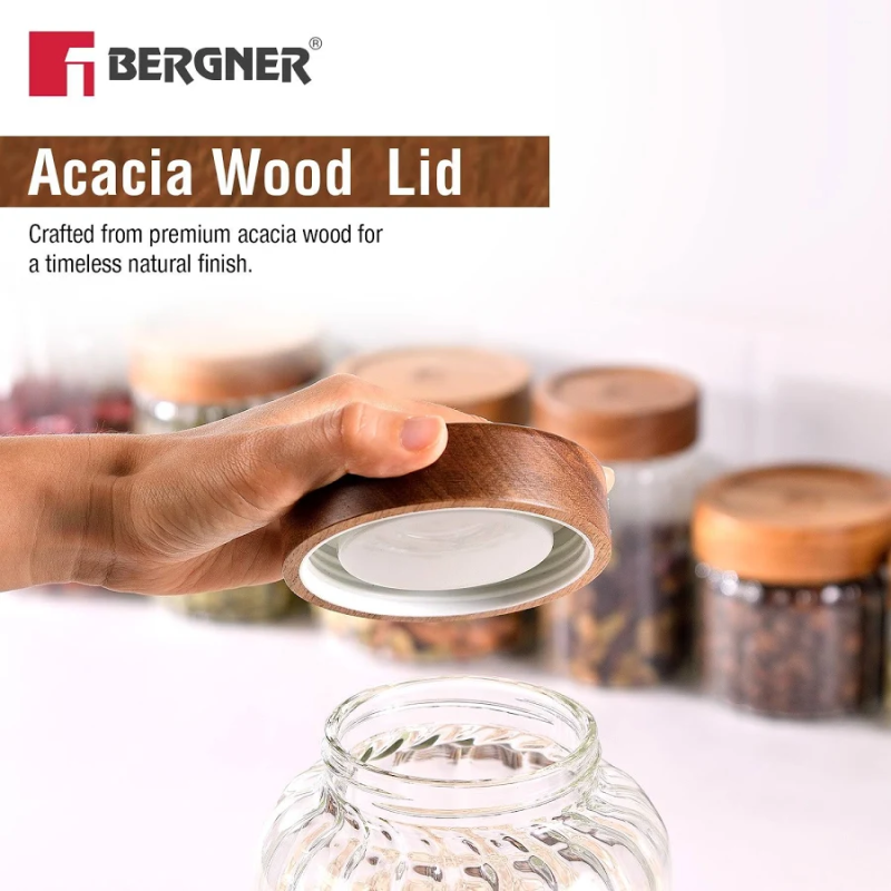 Bergner Acadia Acadia Striped Glass Jar 2.6L Borosilicate Glass, Acacia Wood Lid BG-20550-MM