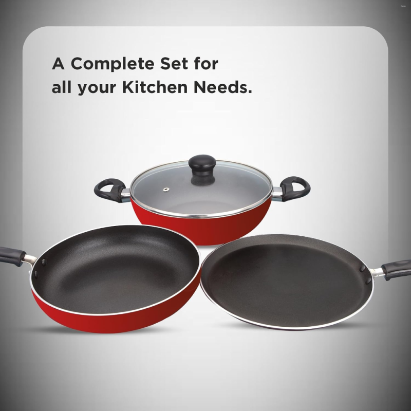 Butterfly Kroma Deluxe KCP3 250 mm Tawa + 240 mm Kadai + 240 mm Fry Pan with Greblon-C3 Non-Stick Coating & Induction Base