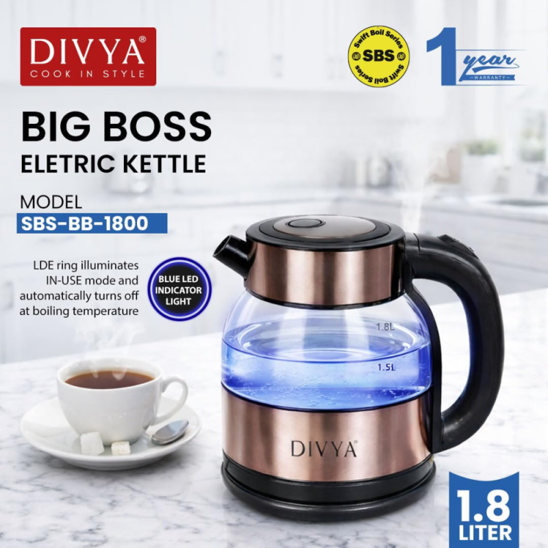 DIVYA Big Boss 1.8L Electric Glass Kettle with 1500W Power – SBS-BB-1800