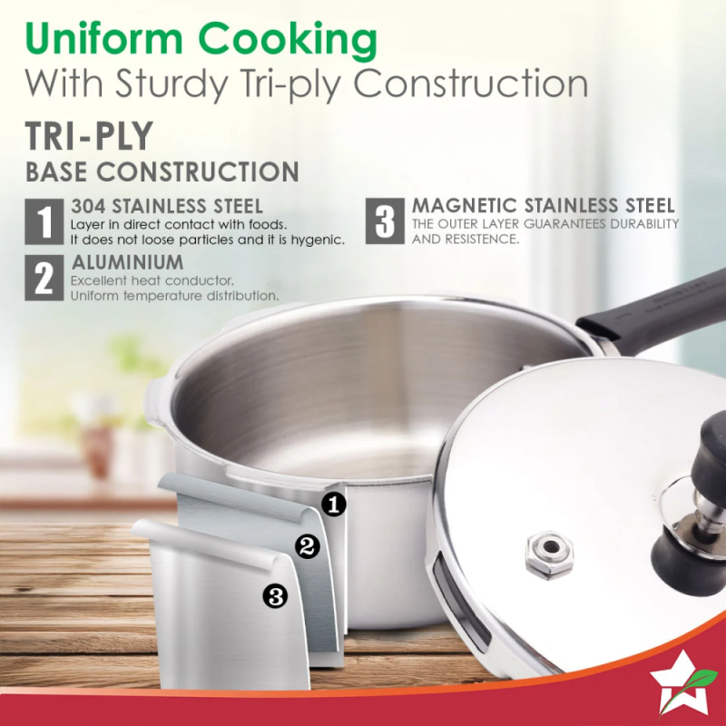 Wonderchef Nigella Tri-Ply 3L Outer Lid Pressure Cooker, 18/10 Stainless Steel, ISI Certified, Induction & Gas Compatible