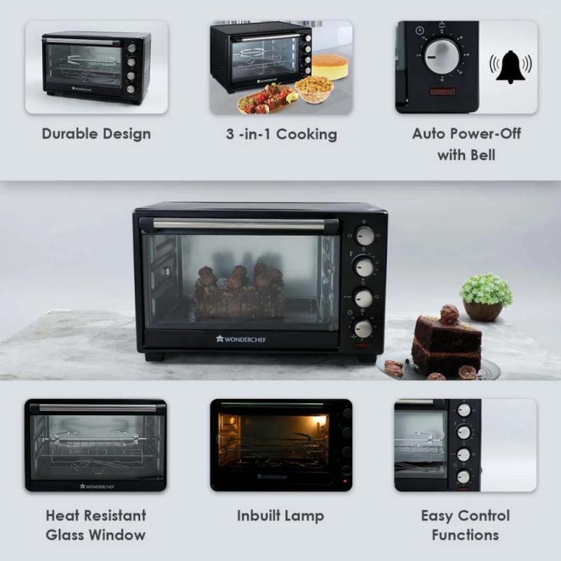 Wonderchef OTG 28L 1600W Oven Toaster Griller, Rotisserie, Auto Shut-Off & 250°C Temperature Control
