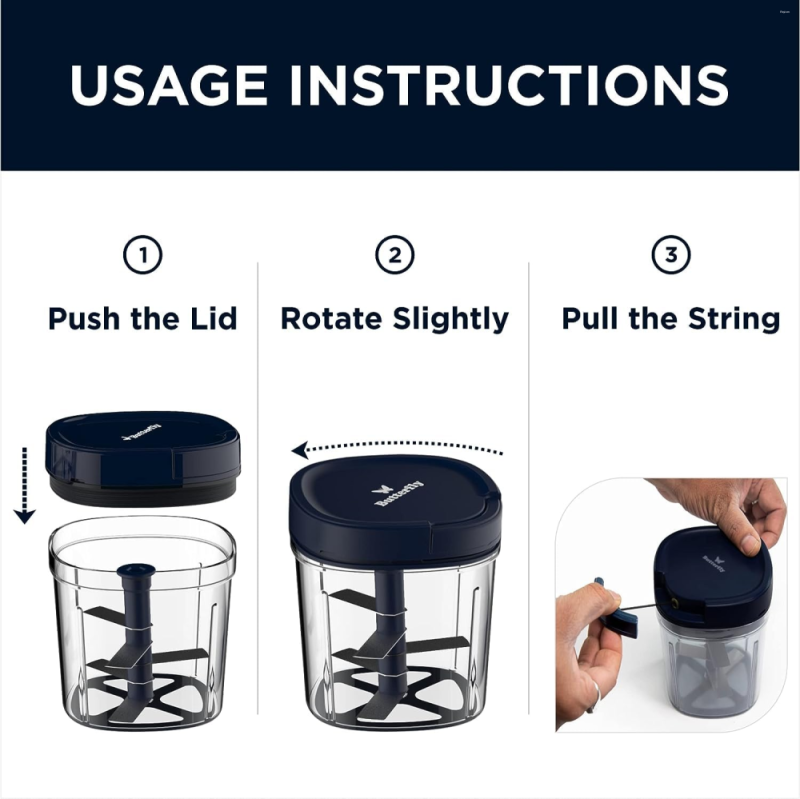 Butterfly Mini Chopper 900 ml Blue Manual Vegetable Chopper with 5 Stainless Steel Blades, Food-Safe Body & Non-Skid Base