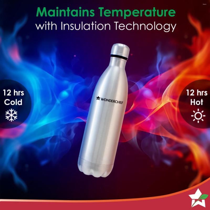 Wonderchef Aqua-Bot 500ml Double Wall Stainless Steel Vacuum Insulated Hot & Cold Flask, Spill & Leak Proof, Silver