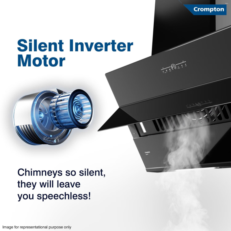 Crompton QuietPro 90cm Inclined Filterless Kitchen Chimney with BLDC Motor, Intelli AutoClean & Gesture Control (CHD-QPVI90FLE-IND)