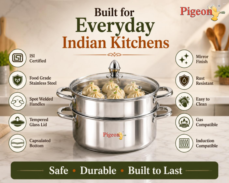 Pigeon Elantra 2-Tier 20 cm Stainless Steel Steamer Pot with Tempered Glass Lid, Induction Base & Dishwasher-Safe Design