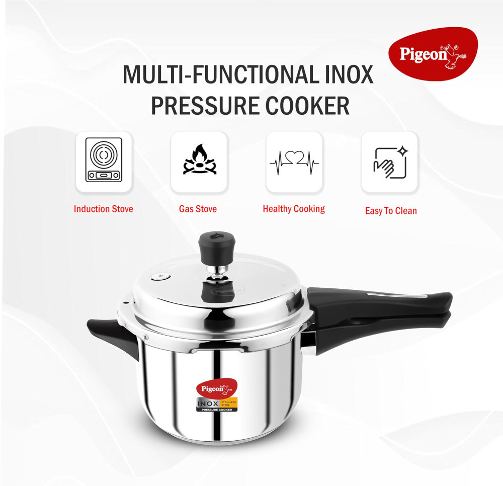 Pigeon Inox 2L Stainless Steel Pressure Cooker with Outer Lid & Sandwich Bottom