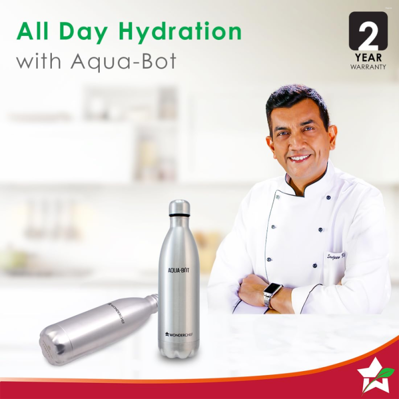 Wonderchef Aqua-Bot 500ml Double Wall Stainless Steel Vacuum Insulated Hot & Cold Flask, Spill & Leak Proof, Silver