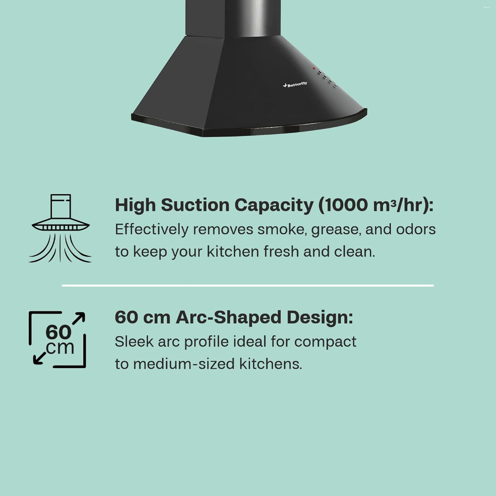 Butterfly CH 602 60 cm Arc Kitchen Chimney with 1000 m³/hr Suction, Dual Baffle Filter, 3-Speed Control & LED Light