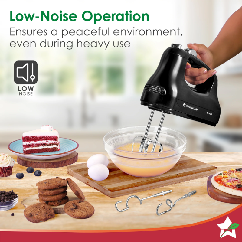Wonderchef Essenza 300W 3-Speed Electric Hand Mixer, Stainless Steel Beaters & Dough Hooks, Low Noise
