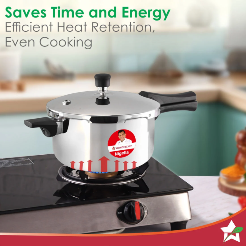 Wonderchef Nigella Tri-Ply 5L Outer Lid Pressure Cooker, 18/10 Stainless Steel, ISI Certified, Induction & Gas Compatible