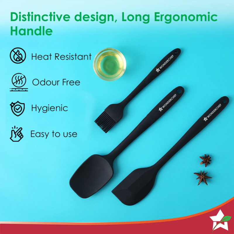 Wonderchef Ambrosia Silicone Kitchen Tools Set 3 Pcs, Spatula, Spoon & Brush, Food-Grade & Heat Resistant