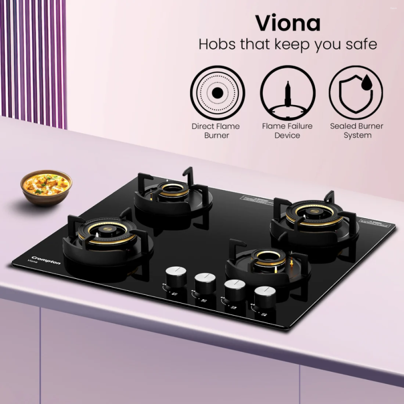 Crompton Viona 60cm 4 Burner Built-in Gas Hob with Auto Ignition & Flame Failure Safety (HOB-VNDC604-MBL)