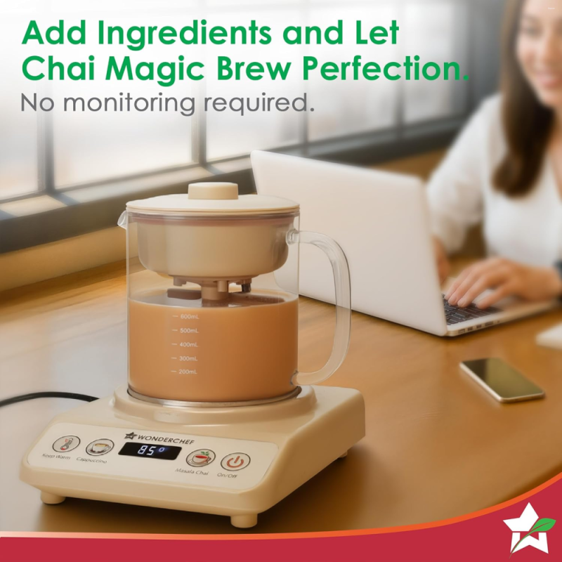 Wonderchef Chai Magic 600W 500ml Automatic Tea & Cappuccino Maker, 4 Modes, Automatic Milk Dispensing & Self-Cleaning