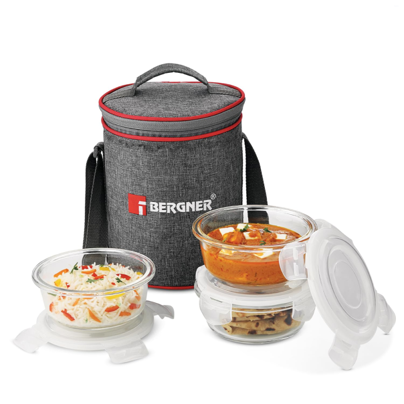 Bergner Acadia 4pcs Lunch Bag Set (3 Glass Container + 1 Lunch Bag) 400ml x 3 Borosilicate Glass, Acacia Wood Lid BGIN-6490