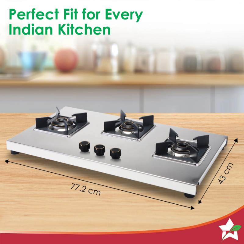 Wonderchef Inox 3 Brass Burner Manual Hobtop, 2mm Stainless Steel, LPG, Spill-Proof Design