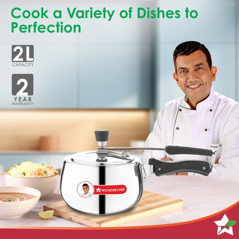 Wonderchef Nigella Tri-Ply 2L Inner Lid Pressure Cooker, 18/10 Stainless Steel, Contour Shape, Induction & Gas Compatible