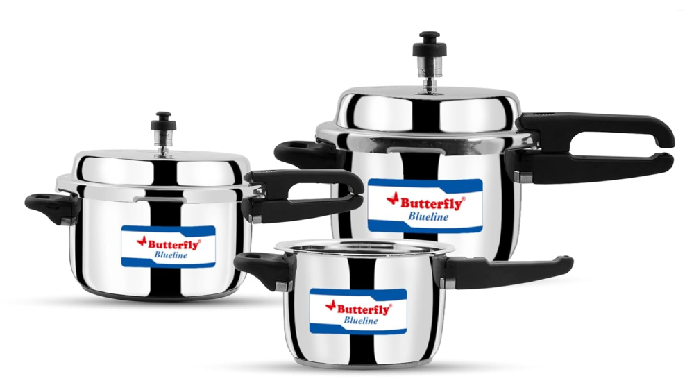 Butterfly Blueline 2L + 3L + 5L Combi Pack Stainless Steel Pressure Cookers with Induction Base & Stay-Cool Handles