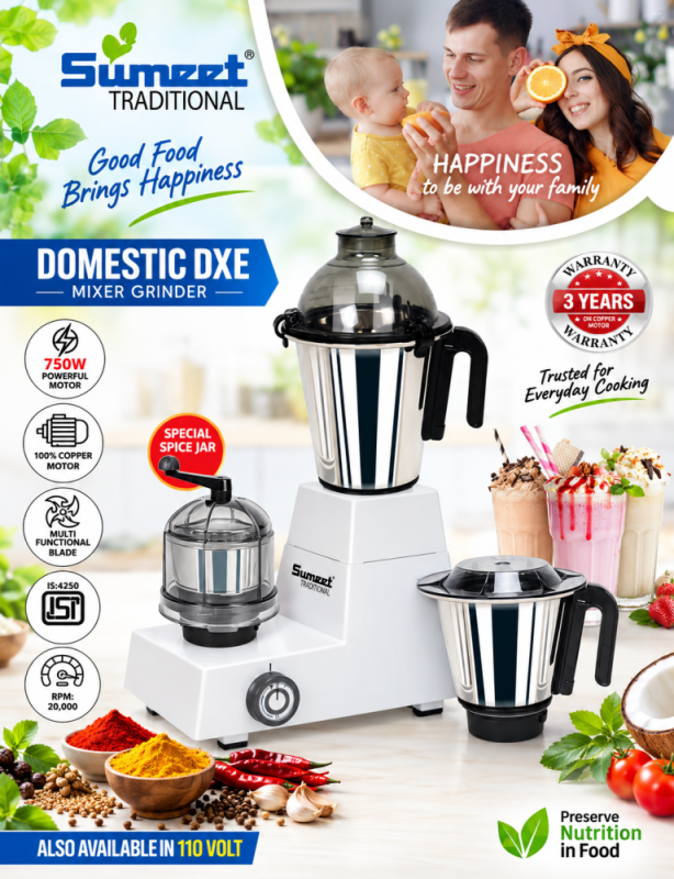 Sumeet Traditional Domestic DXE 750W Mixer Grinder with 3 Stainless Steel Jars, Copper Motor & Multi-Function Blades