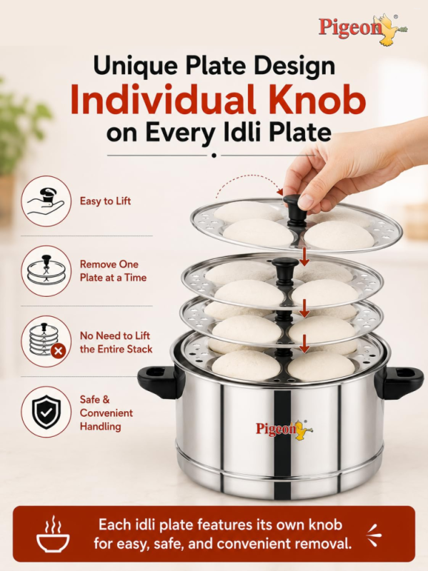 Pigeon Classic-4 4-Plate Stainless Steel Idli Cooker for 16 Idlis with Induction & Gas Stove Compatibility