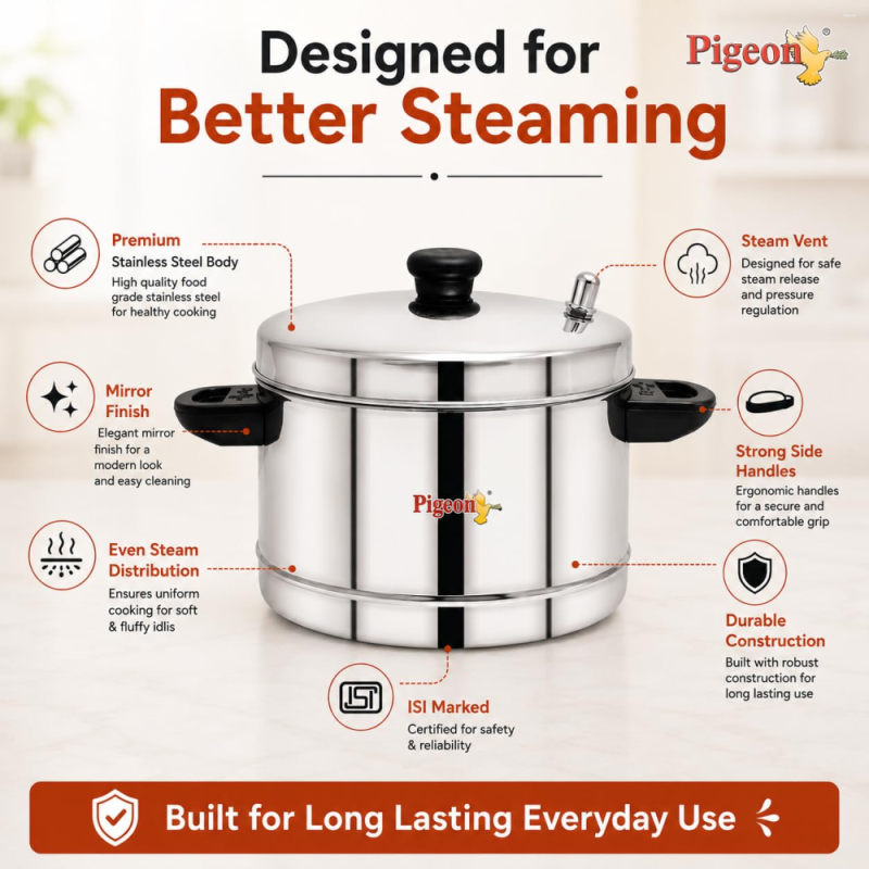 Pigeon Classic-4 4-Plate Stainless Steel Idli Cooker for 16 Idlis with Induction & Gas Stove Compatibility