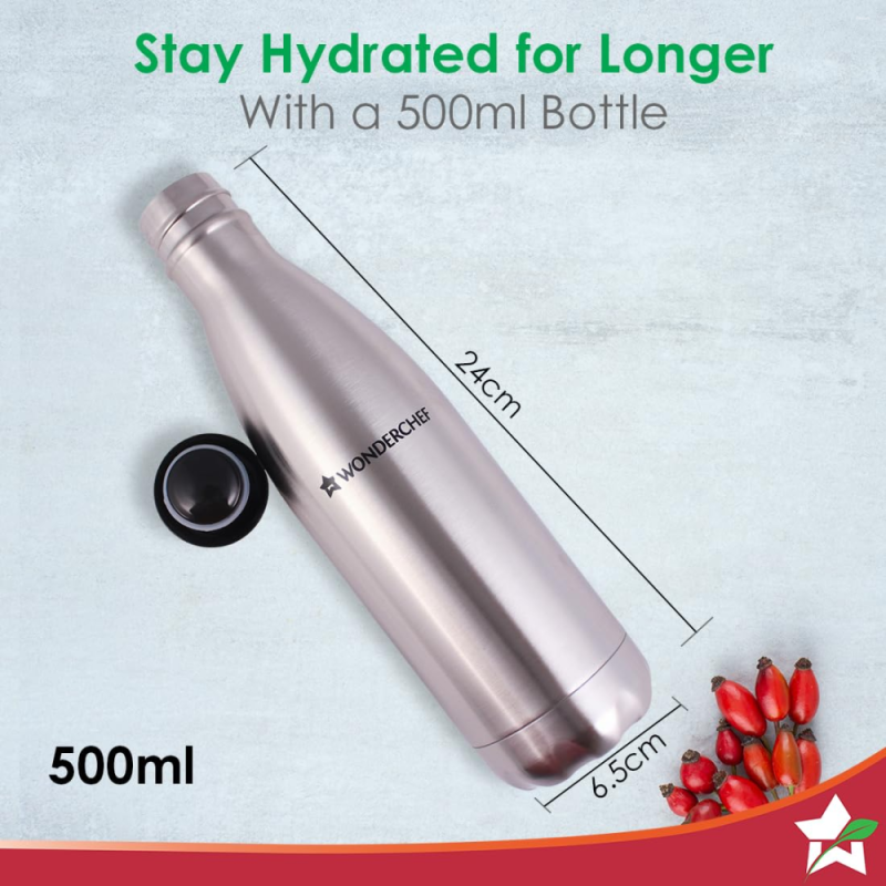 Wonderchef Aqua-Bot 500ml Double Wall Stainless Steel Vacuum Insulated Hot & Cold Flask, Spill & Leak Proof, Silver