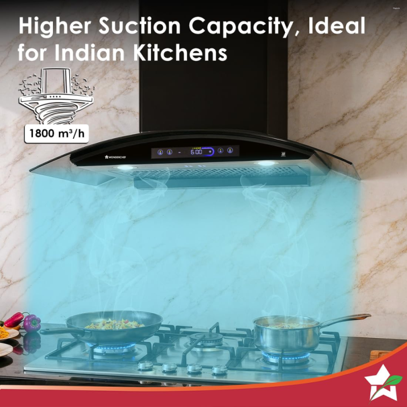 Wonderchef Ultra Curve 90 cm Filterless BLDC Auto-Clean Chimney with 1700 m³/hr Suction, Motion Sensor & Touch Control