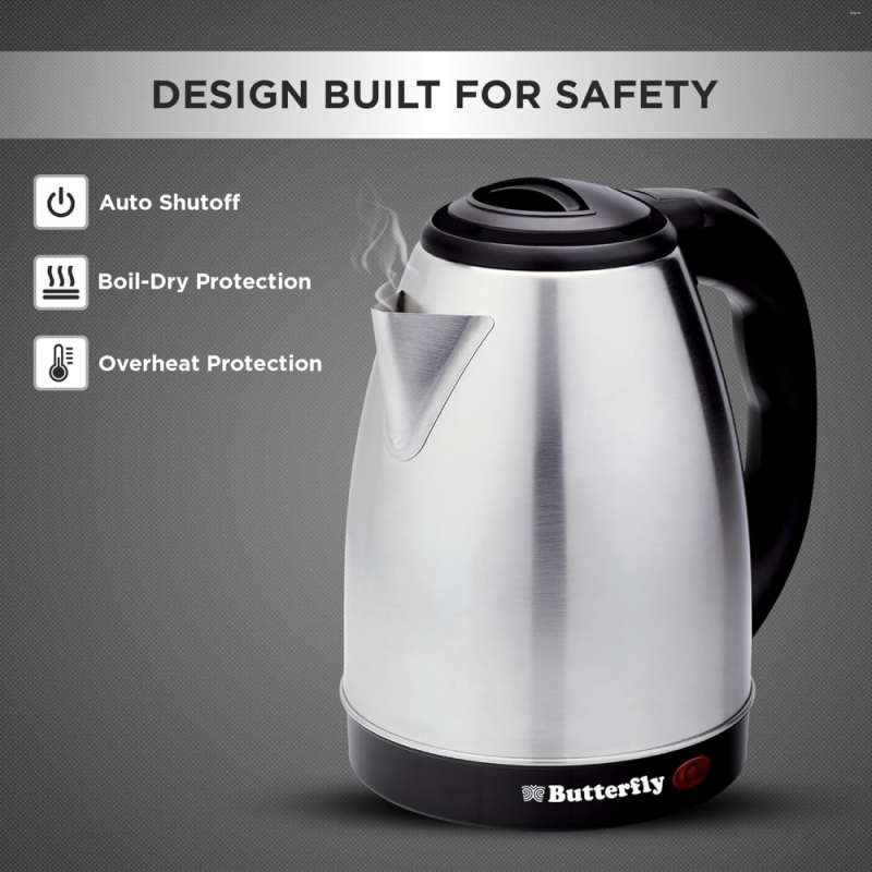 Butterfly Evo Pro 1.5 Litre 1350W Stainless Steel Electric Kettle with Auto Shut-Off, 360° Swivel Base & Cool-Touch Handle