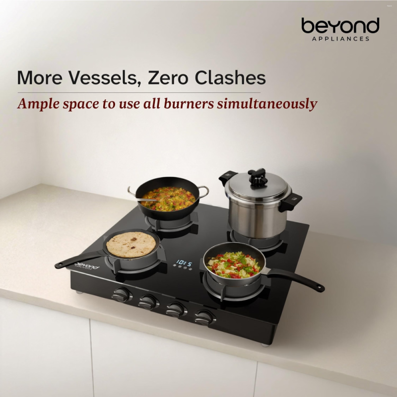 Beyond by BeyondNXT Auriga Pro BA-4B-AU-FB-64-CT-V2 4 Burner Full Brass Gas Cooktop with Auto Ignition, Digital Timer & Flame Failure Device