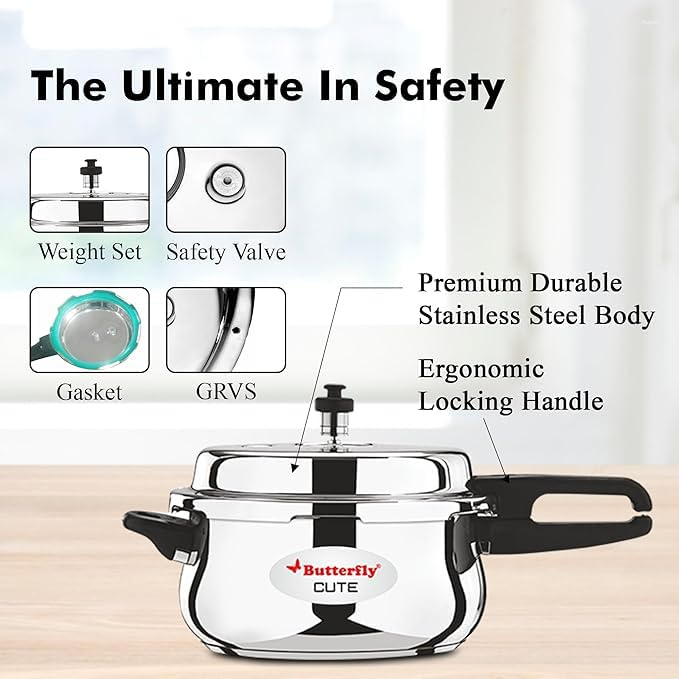 Butterfly Cute 2 Litre Stainless Steel Pressure Cooker with Glass Lid, Induction Base & Triple Safety