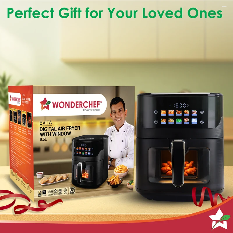 Wonderchef Evita 6.5L 1600W Digital Air Fryer, 12 Preset Menus, Rapid Air 360° Circulation, Viewing Window & Chamber Light