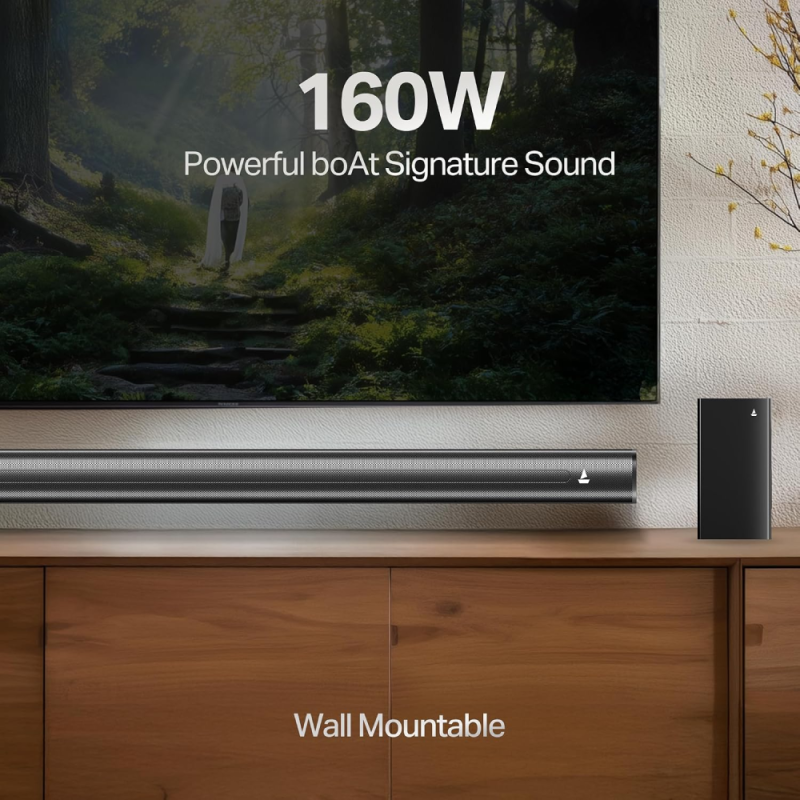 boAt Aavante 2.1 1650 160W RMS 2.1 Channel Soundbar with Wireless Subwoofer, Bluetooth 5.4, USB, AUX, Optical, HDMI (ARC), EQ Modes & Remote Control (HA0049)