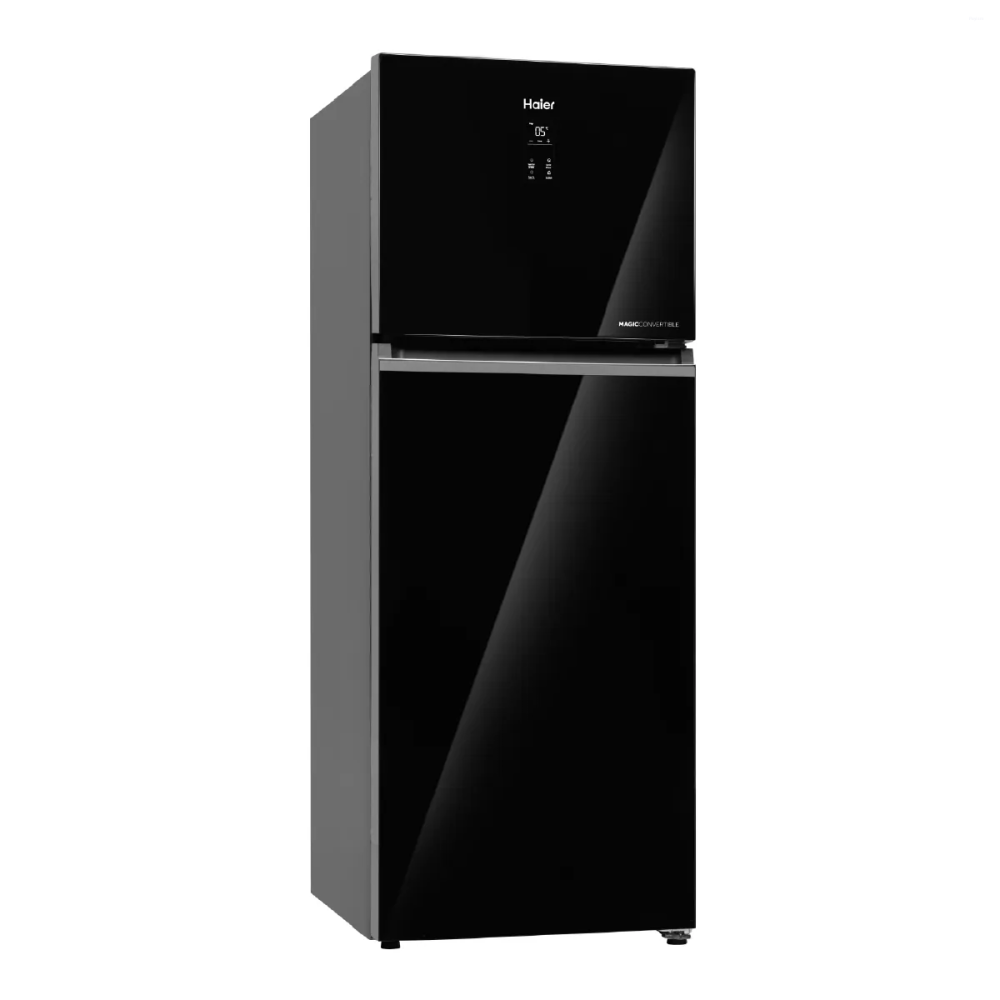 Haier 328 Litres Double Door Refrigerator, Display Panel, Black Glass, 2 Star