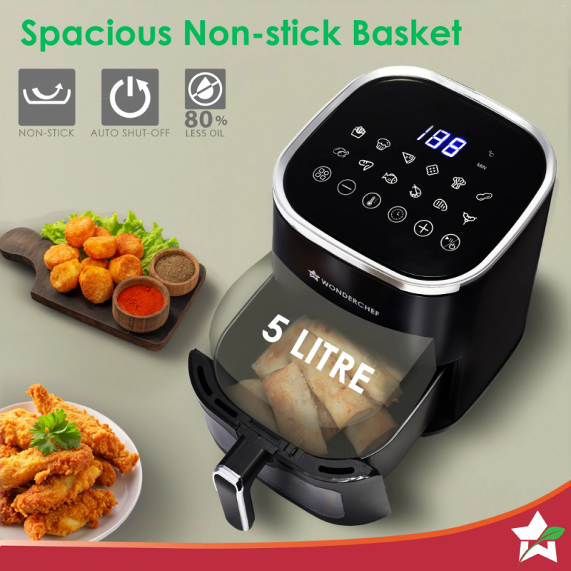 Wonderchef Evita 5L 1350W Digital Air Fryer, 12 Preset Menus, Rapid Air 360° Circulation, Viewing Window & Chamber Light