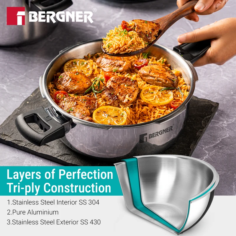 Bergner Argent Elements Elements SS Pressure Pan 3.5L Tri-Ply Stainless Steel, Induction Ready BGD-9704-MM