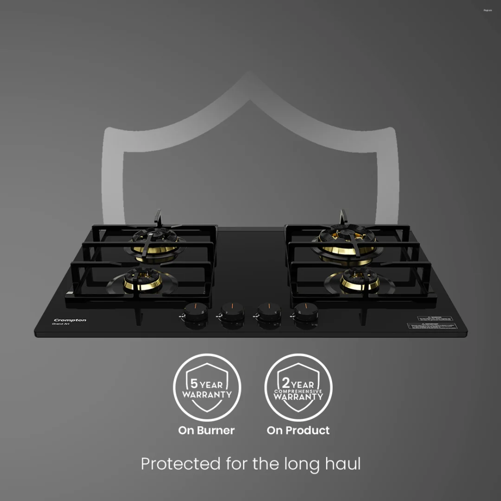 Crompton GrandArt 80cm 4 Burner Built-in Gas Hob with Full Brass 3D Burners & Flame Failure Safety (HOB-GAFB804-MBL)