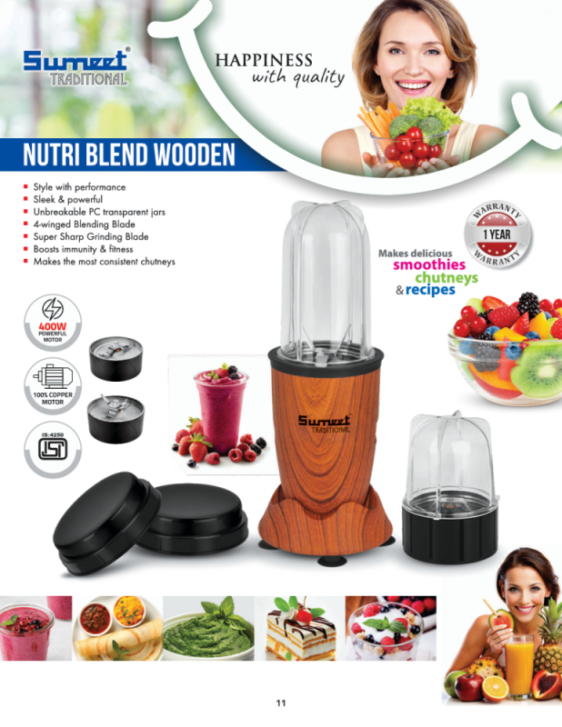 Sumeet Traditional Nutri Blend Wooden 400W Blender with Stainless Steel Blades & Compact Design