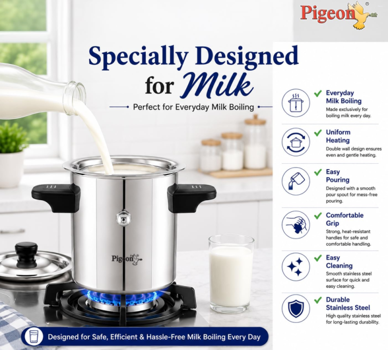 Pigeon Elegant 2 Litre Stainless Steel Milk Boiler with Induction Base, Whistle & Cool-Touch Bakelite Handles