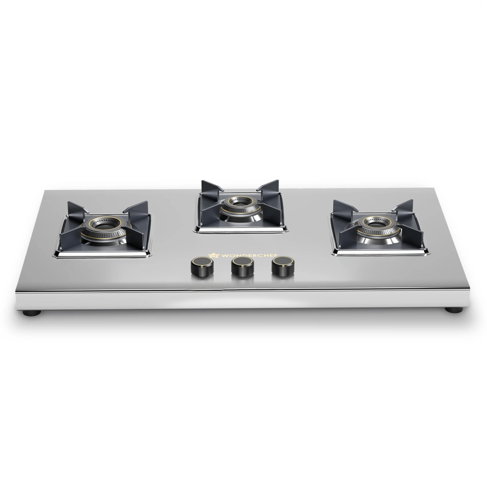 Wonderchef Inox 3 Brass Burner Manual Hobtop, 2mm Stainless Steel, LPG, Spill-Proof Design