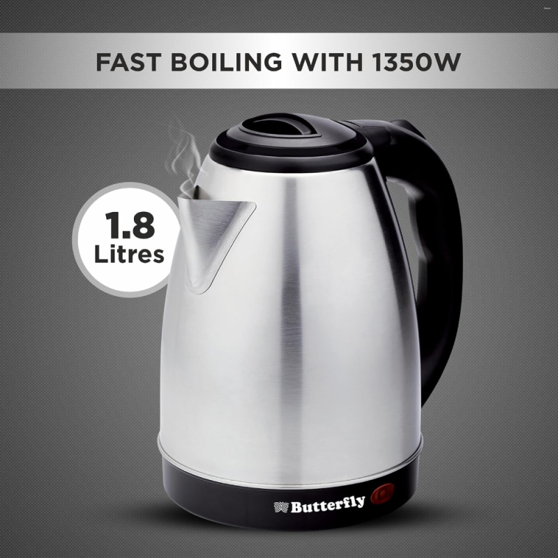 Butterfly Evo Pro 1.8 Litre 1350W Stainless Steel Electric Kettle with Auto Shut-Off, 360° Swivel Base & Dry-Boil Protection