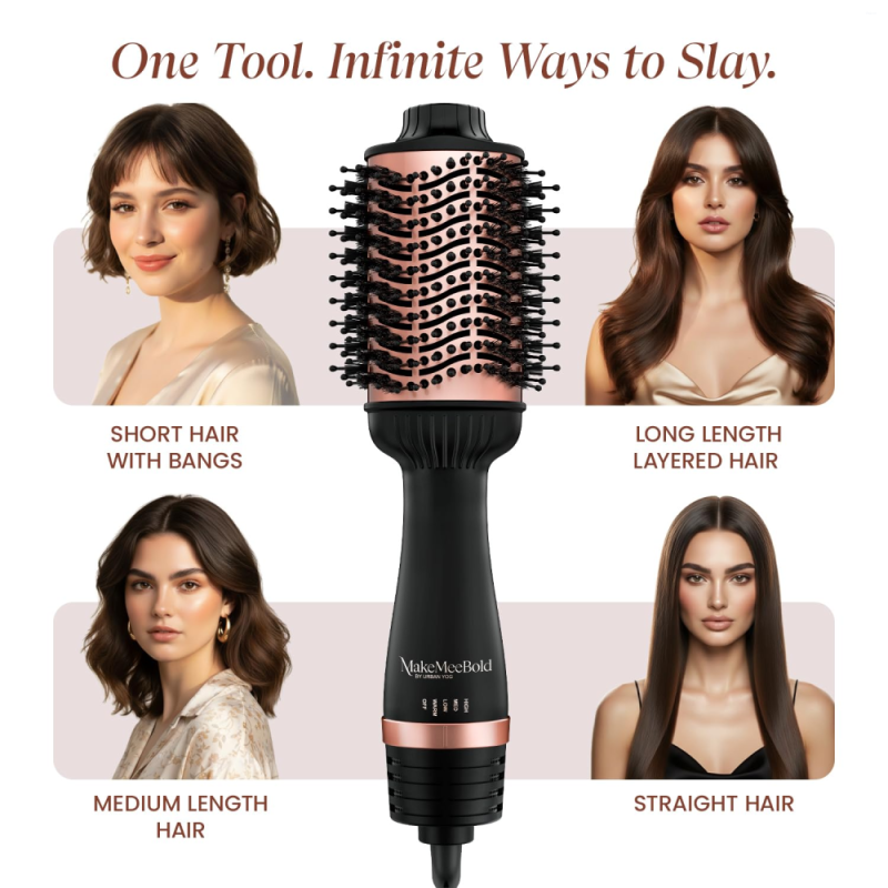 Urban Yog MakeMeeBold 2-in-1 Hot Air Brush with Hair Dryer & Straightener, 3 Temperature & 2 Speed Settings, 360° Airflow Vents, PTC Fast Heating, Ceramic Plates & Auto Shut-Off