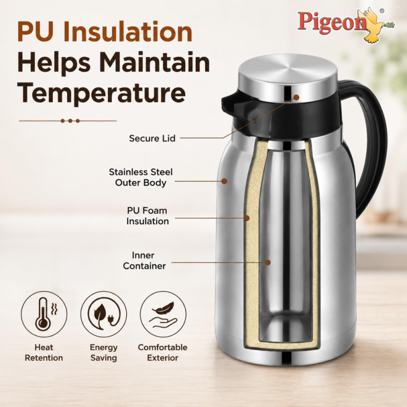 Pigeon Hot Shot 500 ml Stainless Steel Insulated Tea Jug with Double-Wall Vacuum Insulation & Leak-Proof Lid