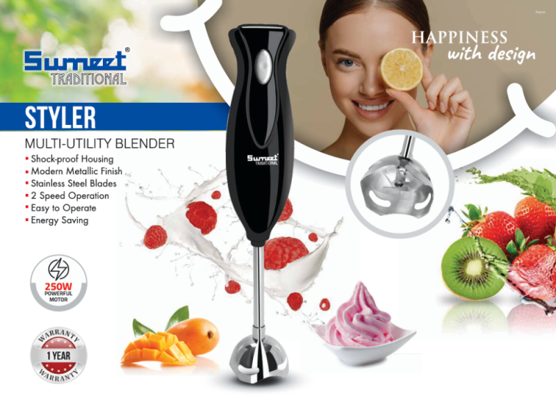 Sumeet Traditional Styler 250W Multi-Utility Blender with Stainless Steel Blades & 2-Speed Operation