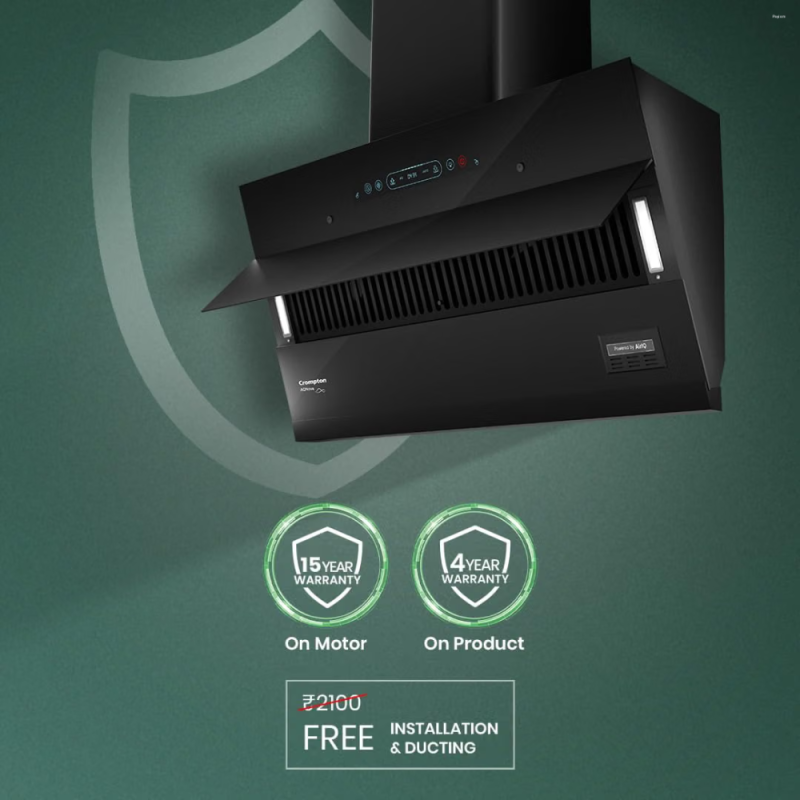 Crompton AQNova 90cm Inclined Filterless Kitchen Chimney with AirIQ Technology, AQSync BLDC Motor & Intelli AutoClean (CHD-AQI90FLE-IND)