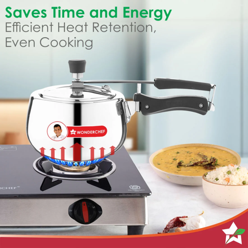 Wonderchef Nigella Tri-Ply 3L Inner Lid Pressure Cooker, 18/10 Stainless Steel, Contour Shape, Induction & Gas Compatible