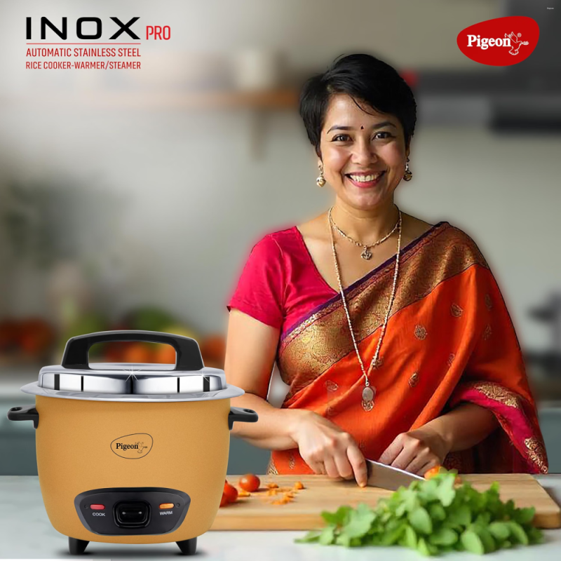 Pigeon Inox Pro 1.8L Electric Rice Cooker with Stainless Steel Single Pot, Cook & Keep-Warm Function, 700W, Yellow