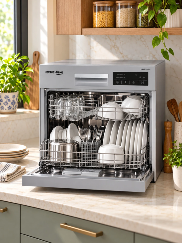 Voltas Beko DT8S 8 Place Settings Table Top Dishwasher with Inbuilt Heater, 6 Wash Programs, 8 L Water Consumption, Silver
