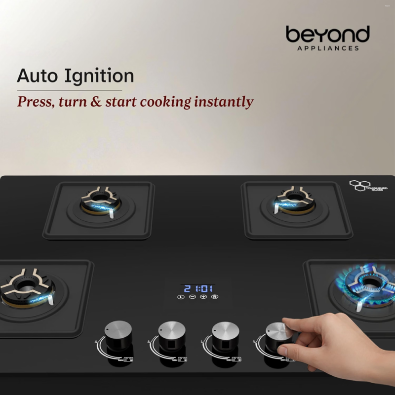 Beyond by BeyondNXT Solaria BACT-SO4BL-BA-002 4 Burner Gas Cooktop with 8mm Toughened Glass, Full Brass Burners, Auto Ignition & Smart Timer