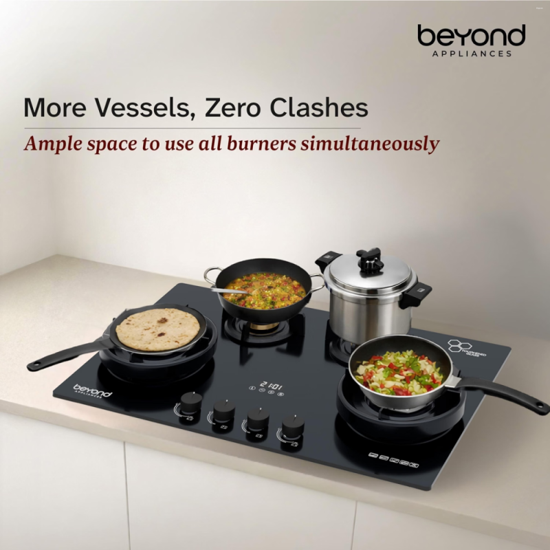 Beyond by BeyondNXT Zyra BAHO-ZR4BL-KE-003 4 Burner Gas Cooktop with Toughened Glass & Brass Burners