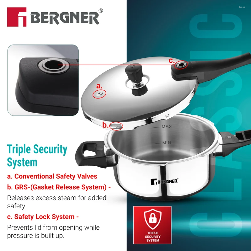 Bergner Argent Elements Elements SS Pressure Pan 3.5L Tri-Ply Stainless Steel, Induction Ready BGD-9704-MM